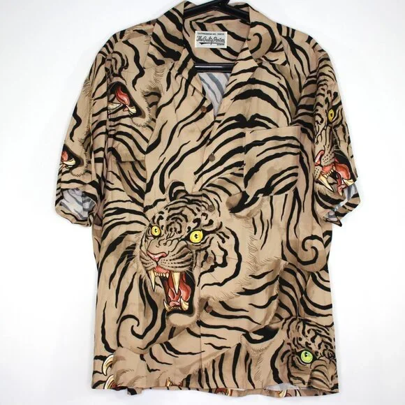 Wacko Maria x Tim Lehi Mens Small Tiger Camp Button Up Hawaiian Shirt RARE A1613 - Picture 1 of 8